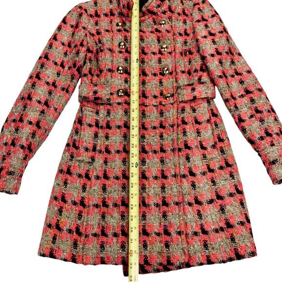 Liquid Wool Blend Tweed Long Coat Sz 2 Brown Orange Plaid Preppy Elegant PeaCoat - Picture 12 of 16